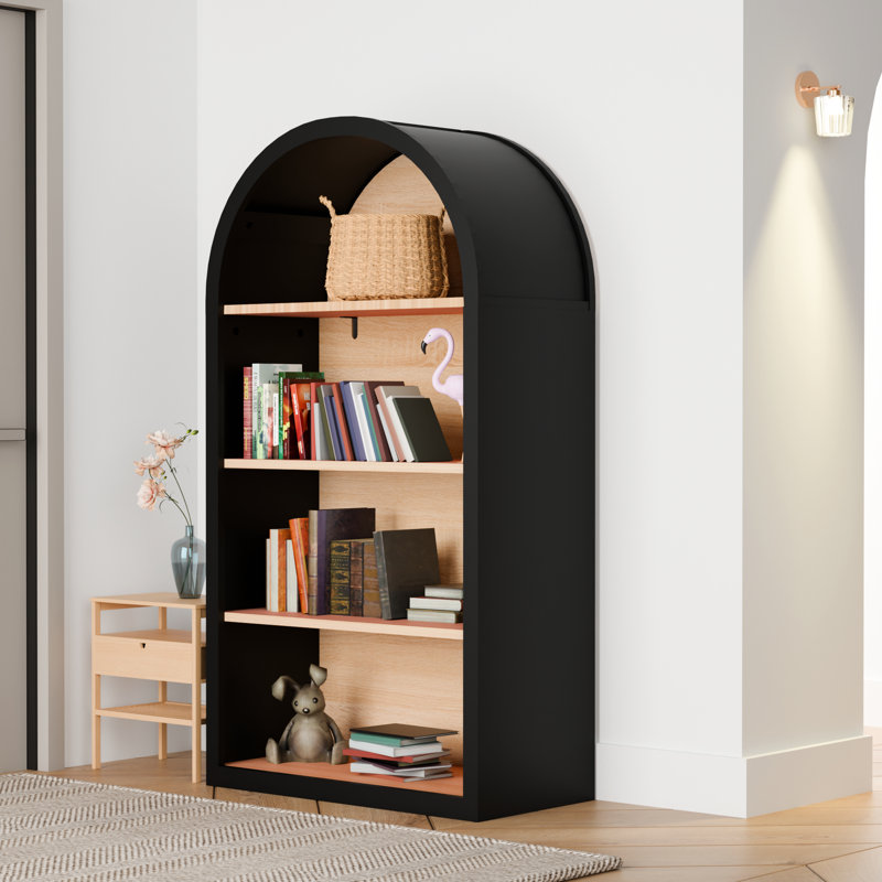 Black Arched 4 Storage Shelf, 43" Height, Stylish Appearance, Stable , Suitable For Various Spaces Bookshelf, Tall With Shelves, Design, Tipping Kits, Versatile Study, Office, Or Living Room