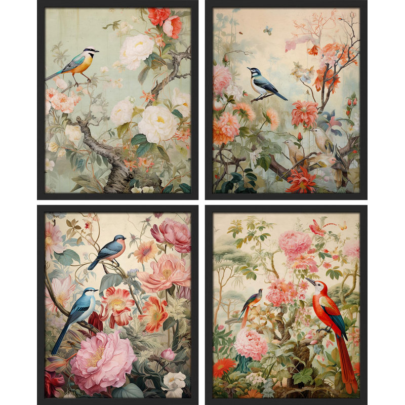 «Birds On Flower Blossom Branches Vibrant Colorful», reproduction d'art encadrée 4 pièces, Naturel, H 14 po x l 11 po