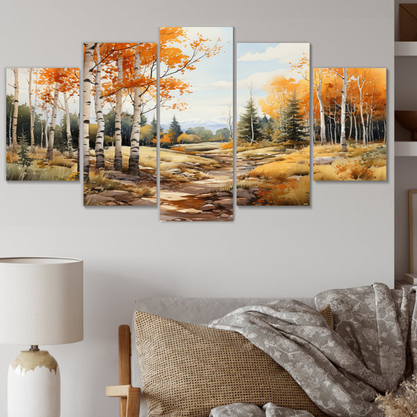 DesignArt Orange And Yellow Forest Aspen II On Metal 5 Pieces Print ...