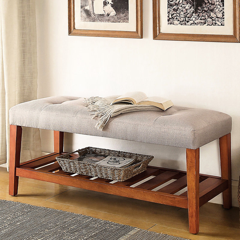 Gray Fabric Bench, Oak Tapered Legs, Slatted Shelf, Padded Seat Cushion Upholstered Shelf Storage, Design
