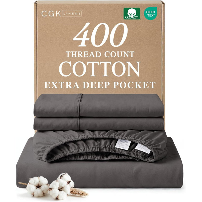 4 Piece 400 Thread Count Cotton Sheet Set – Extra Deep Pocket, Cooling, Breathable & Soft Bedding, Dark Gray