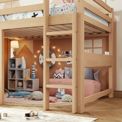 Twin Size Loft Bed with Sliding Double-Sided Chalkboard, Built-In Bookshelf, Safety Guardrails & Pine Wood Frame,Light Natural