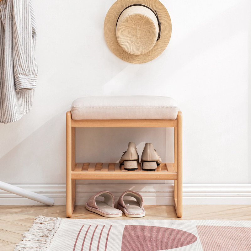 Banc à chaussures en bois massif, étagère de rangement en bois de hêtre avec coussin éponge à rebond élevé