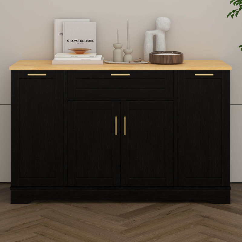 Multi-Functional Storage Sideboard, Extendable Dining Table, Adjustable Shelves, 3-Tier Pull-Out Rack, Black