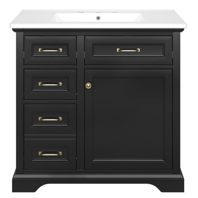 Meuble-lavabo simple autoportant noir mat avec lavabo et rangement en céramique