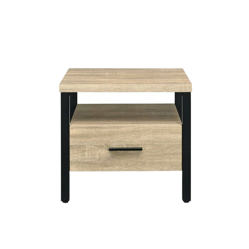 Table de chevet à 1 niveau avec tiroir, chêne et noir, touche industrielle moderne de style contemporain