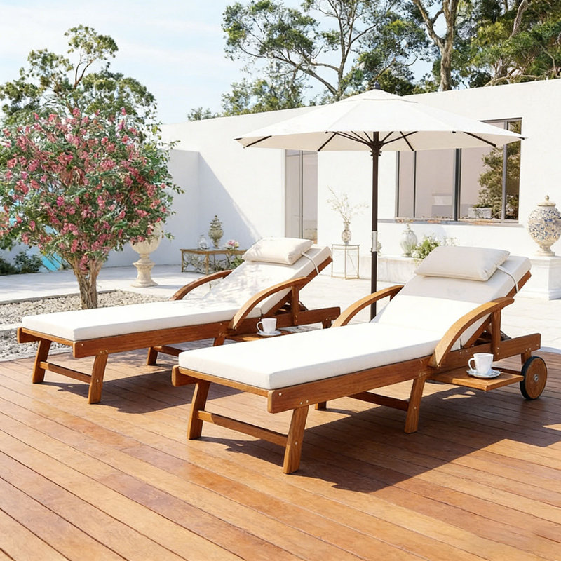 Chaises longues d'extérieur 77,5 po, structure en bois d'acacia, dossier et repose-pieds rembourrés et réglables, appui-tête et plateau latéral rétractable, parfait pour la terrasse, la piscine, le jardin, la plage 