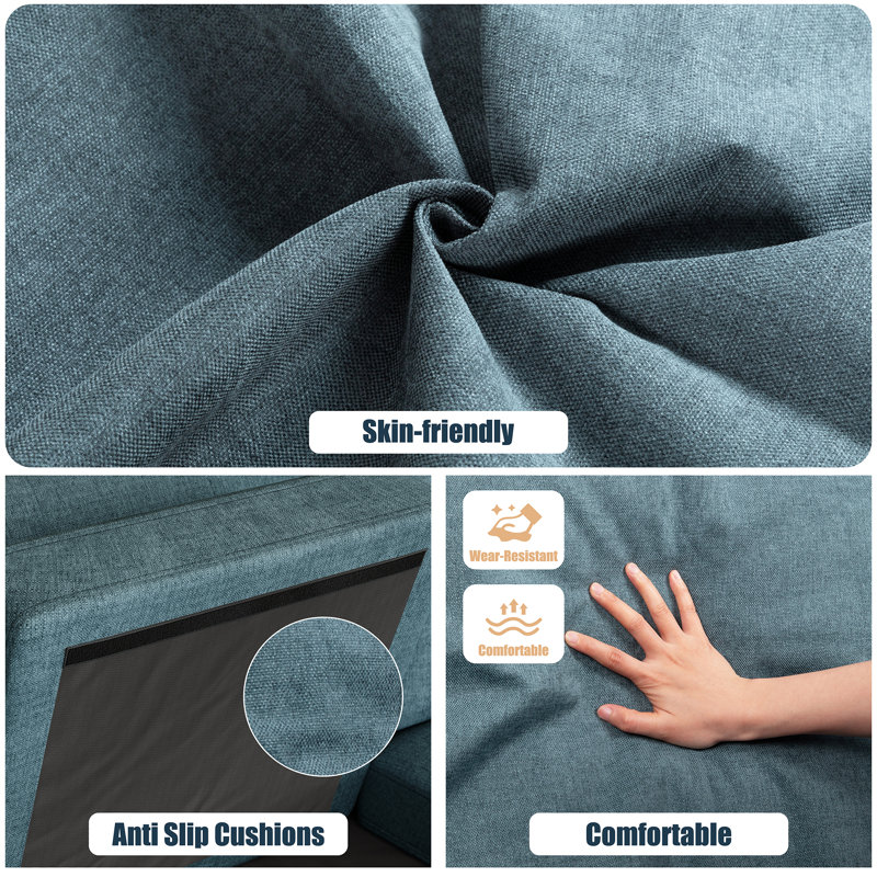 Canapé modulaire en L avec repose-pieds Ashleh, Mélange de coton bleu
