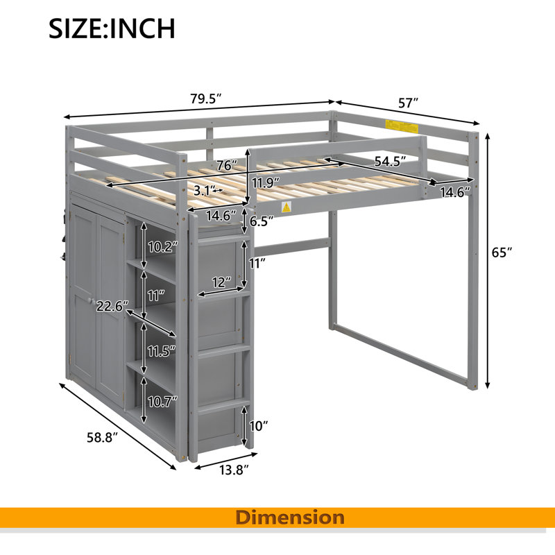 Lit mezzanine double en bois avec garde-robe intégrée et tablettes de rangement, lumière DEL, Gris