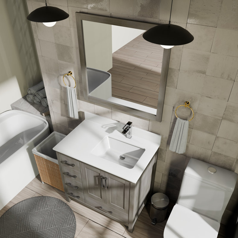 Meuble-lavabo décalé à droite et dessus blanc 36 po x P 22 po Jacques, Gris patiné, Quartz blanc