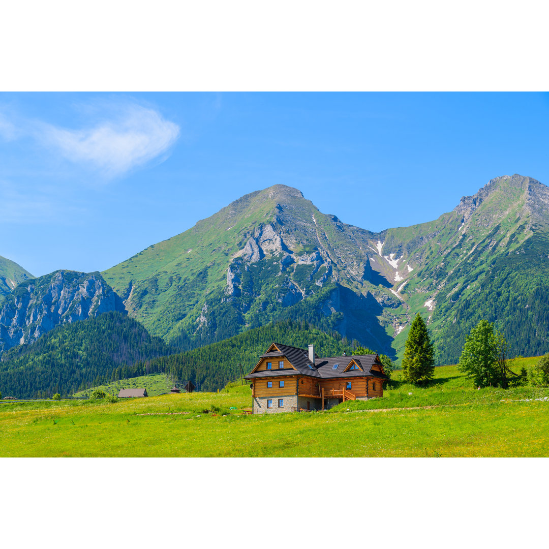 Leinwandbild Holzhaus auf grüner Wiese mit Tatry Bielskie Gebirge im Hintergrund im Sommer, Slowakei