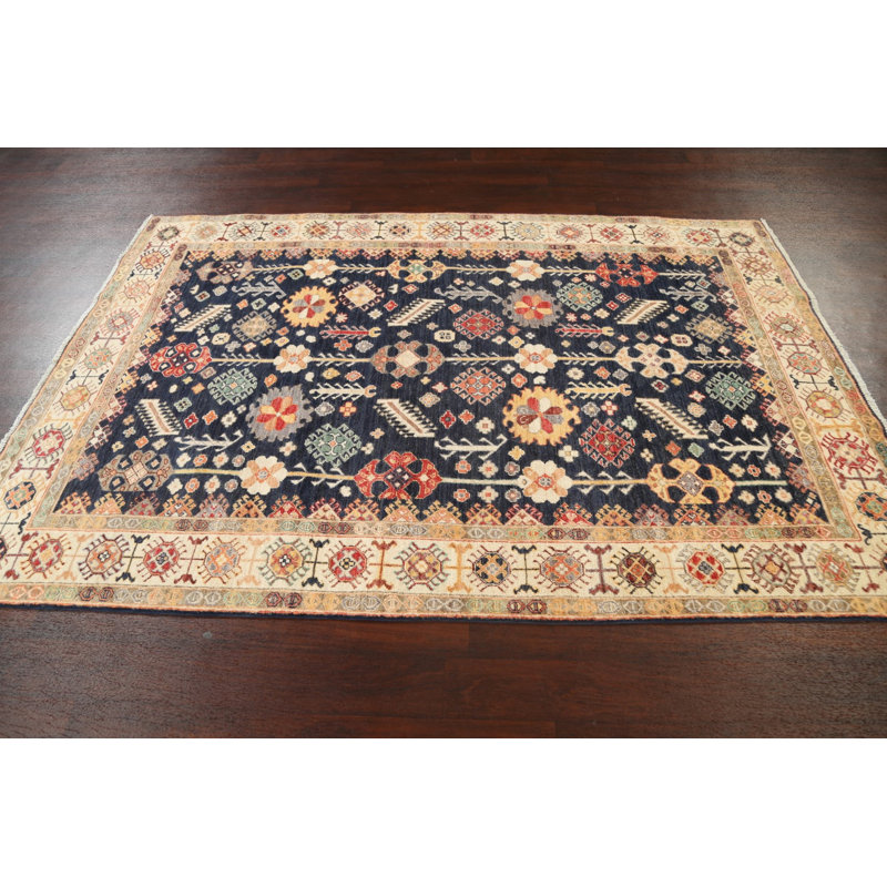 Tapis bleu marine noué à la main de conception unique 5 pi 6 po x 8 pi 2 po