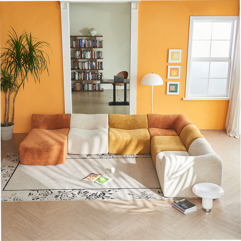Boneless Modular Sectional Sofa, Velvet Fabric Compressed Sofa With Removable Covers, L-Shaped Corner Couch For Living Room, Modern Color-Block Design, Easy Assembly