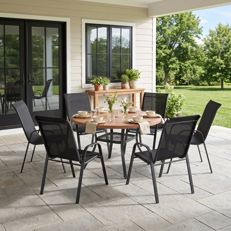 6-Person Round Patio Dining Set With Stackable Textilene Chairs, Brush Wood Brown/Black