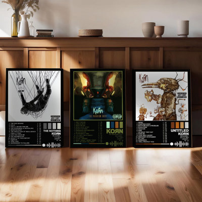 Ensemble de 3 affiches encadrées, reproductions de pochettes d'albums de Korn (The Nothing, The Paradigm Shift, Untitled Music Poster Set of 3), décoration murale sur toile pour chambre, salon ou autre pièce. Cadeau idéal pour les mélomanes.