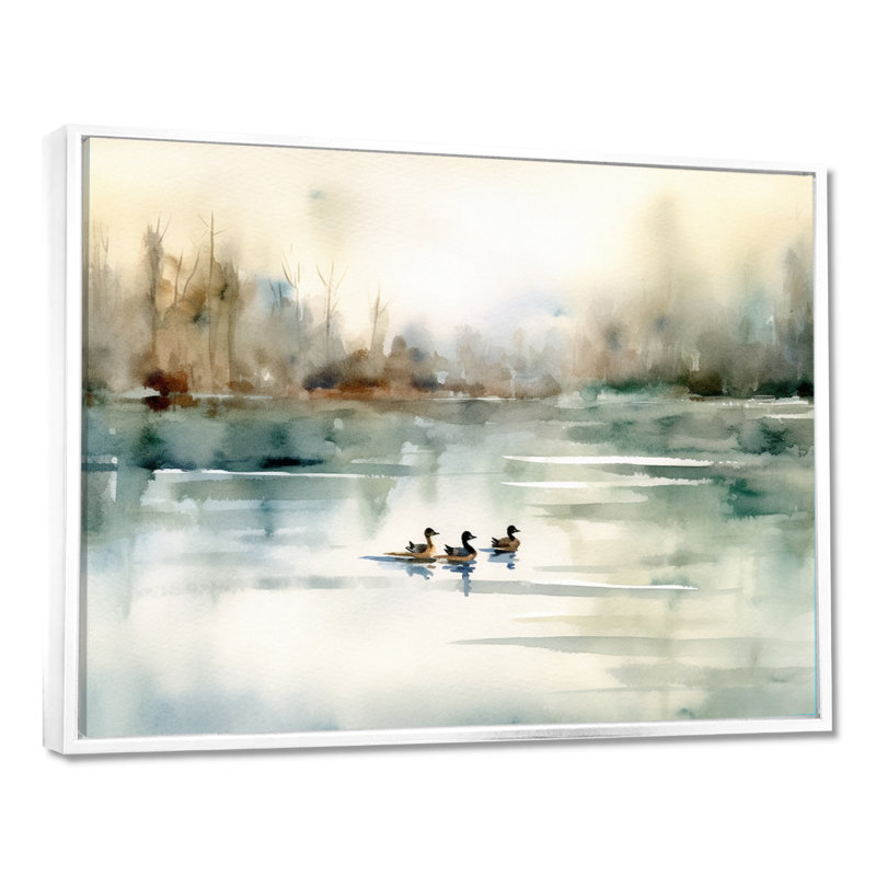 «Ducks in Pond I» - Art mural sur toile, H 24 po x l 32 po, Blanc, Reproduction avec cadre flottant