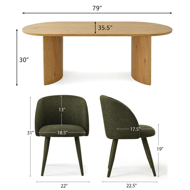 7 Piece Oval Dining Table Set With Reversible Pedestal Base & Upholstered Barrel Chairs, Green