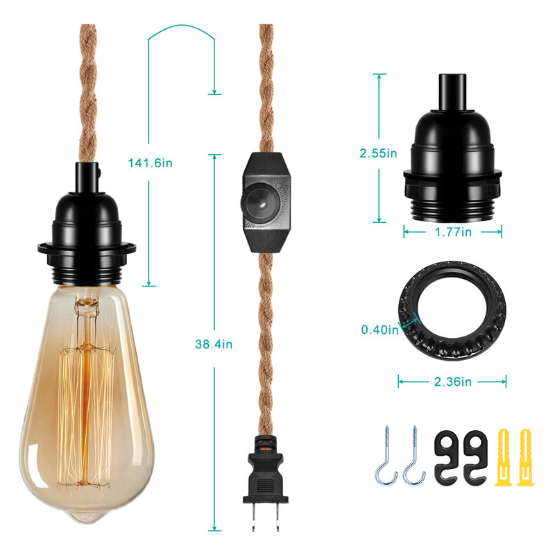 Pendant Light Cord Kit Hemp Rope With Dimmer, Vintage Hanging Lighting Cord(Shade Not included)
