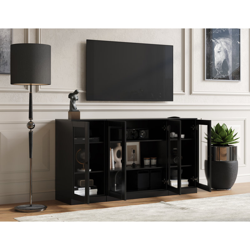 Meuble télé 100% bois massif avec portes en verre transparent et tablettes réglables pour téléviseur de 65 po ou moins, Noir