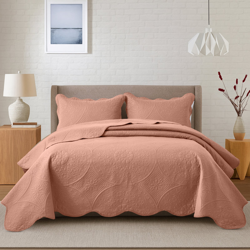Floral Embossed Quilted Bedspread Set, Oversized and Lightweight Bedding Set with Pillow Shams, Peach