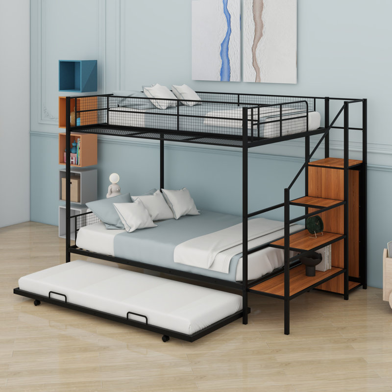 Lit superposé en métal avec lit gigogne, échelle de rangement latérale et garde-robe