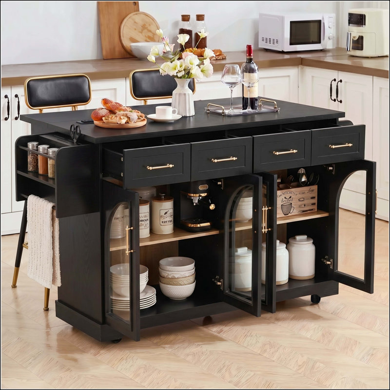 Îlot de cuisine 65 po avec porte en verre arquée, abattant, rangement et prise de courant, Noir