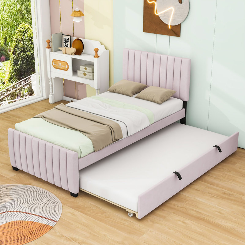 Lit plateforme simple tapissier avec lit gigogne simple, Rose