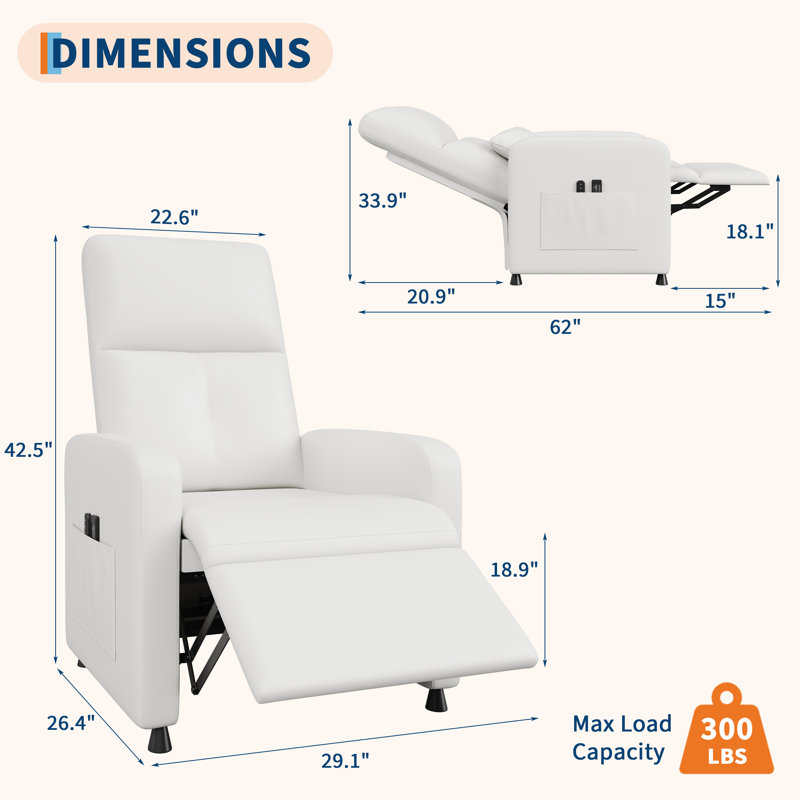 Power Recliner Chair with Massage and Heat, Adjustable Electric Recliner Ergonomic Overstuffed PU Leather Single Sofa, 2 Side Pockets and USB Port, Home Theater Seating for Living Room