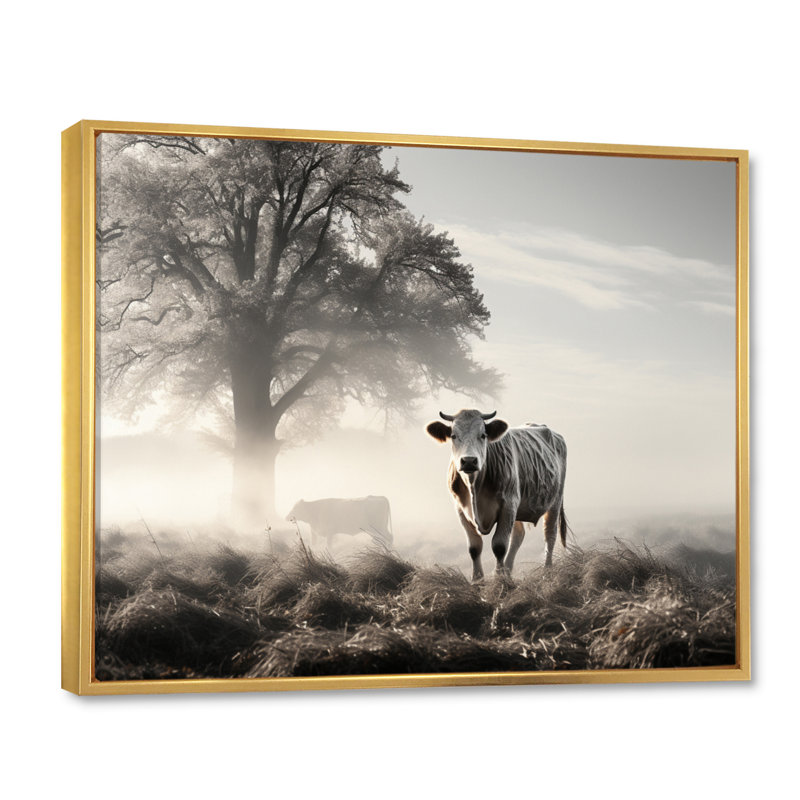 Keeny Bétail Misty Morning Grazing I - Imprimé, Cadre flottant doré, 30" H x 40" W