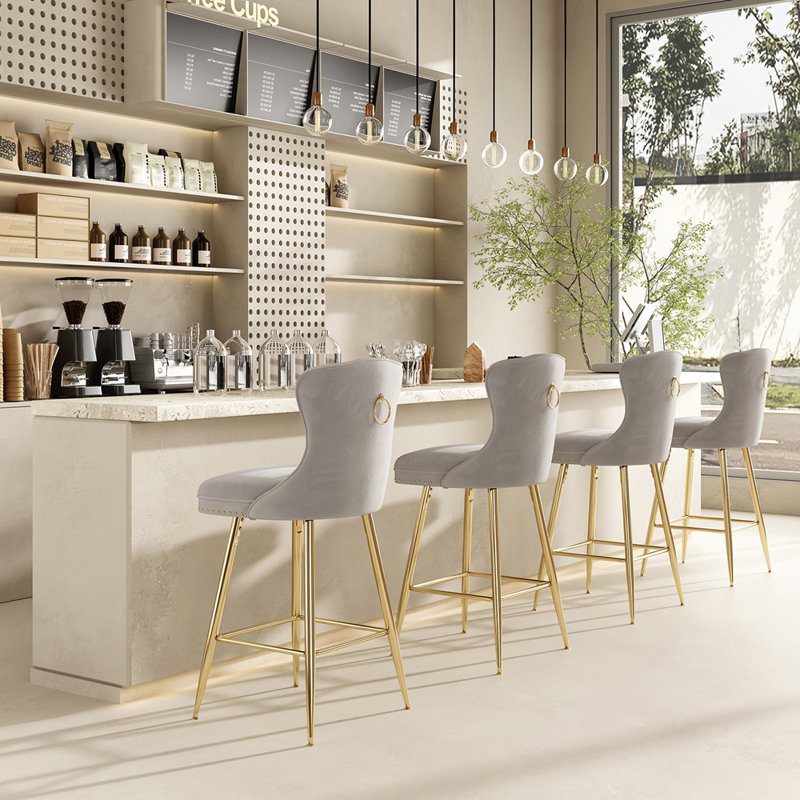 Tabourets de bar en velours à hauteur de comptoir avec pieds en métal, Gris