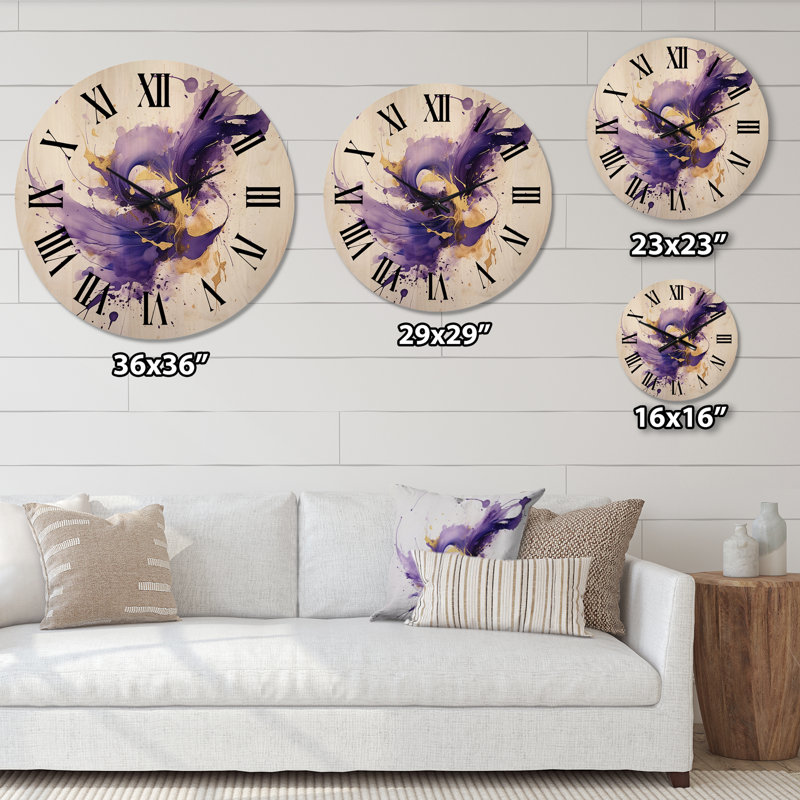 Purple And Gold Splash - Fractals Oversized Wood Wall Clock, Petit