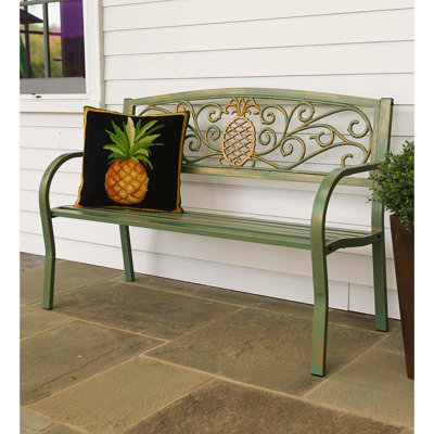 Dicken Verdigris Pineapple Metal Garden Patio Bench by Bay Isle Home