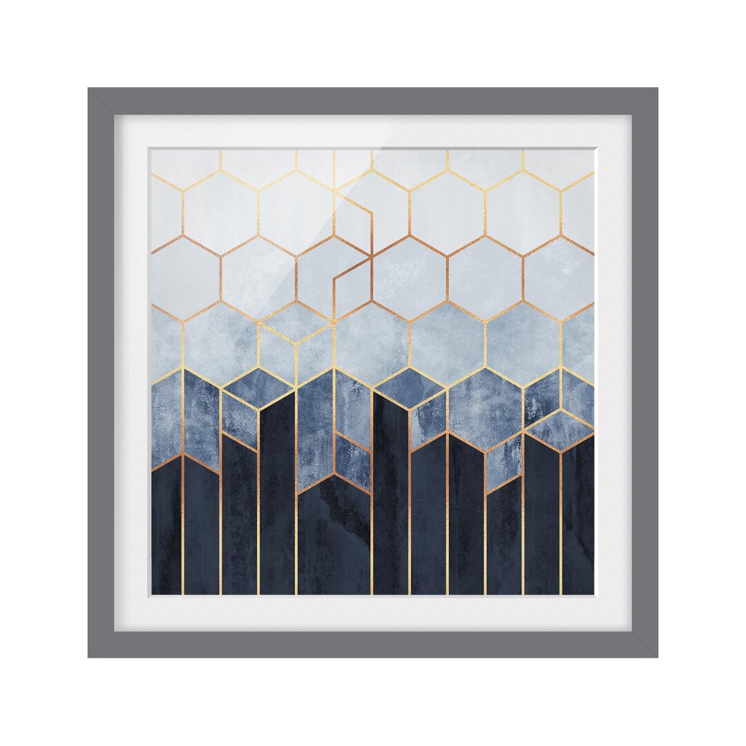 Gerahmtes Poster Golden Hexagons Blue White