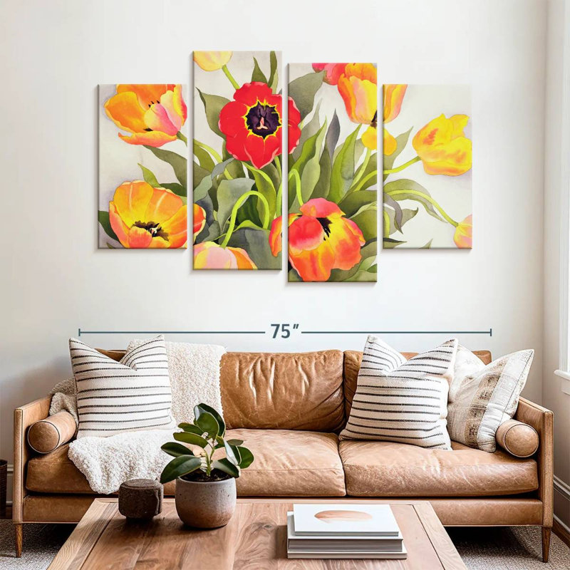 Harnek orange et tulipes rouges, H 42 po x l 68 po