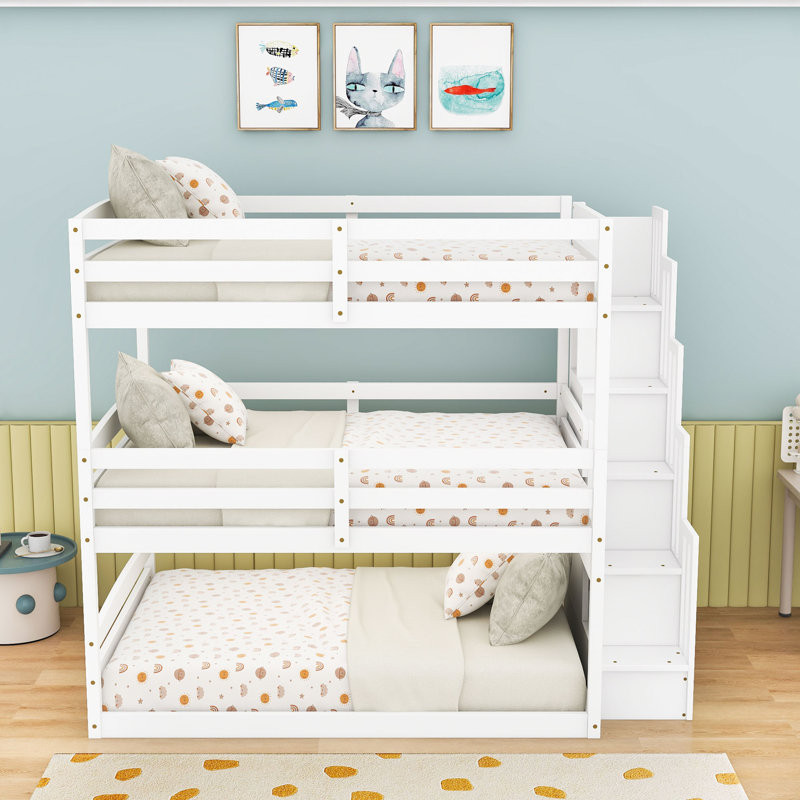 Triple Bunk Bed With Storage Staircase, White