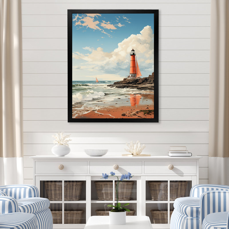 Illustration de plage rétro sur une plage de phare rouge sur toile, H 20 po x l 12 po, Encadrement doré