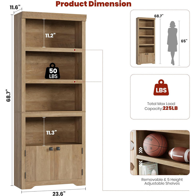 5 Tier Bookshelf with 2 Doors, 69"Tall Farmhouse Bookcase with Adjustable Shelves, 31.5''W Open Display Storage Rack for Home Office, Living Room, Library, Brown W600