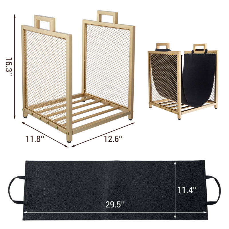 Decorative Gold Metal Log Rack with Black Leatherette 