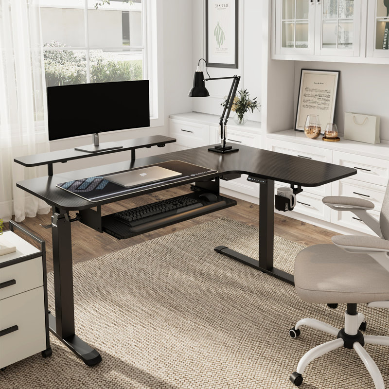 Marquasha Dual Motor L-Shaped Electric Standing Desk with LED and Monitor Stand, Right Hand Return, Black