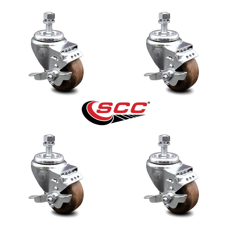 3 Inch High Temp Glass Filled Nylon ½ Inch Threaded Stem Caster Set with Brake