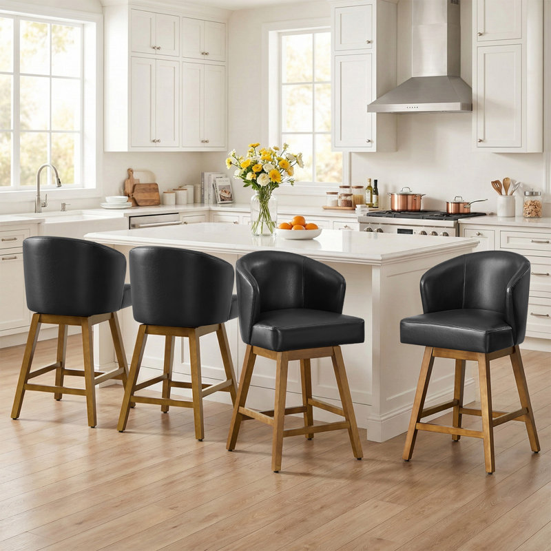 U-Shape Backrest 360° Swivel Bar Stool With Solid Rubberwood Base, Spring-Cushioned Comfort, 350 Lb Capacity