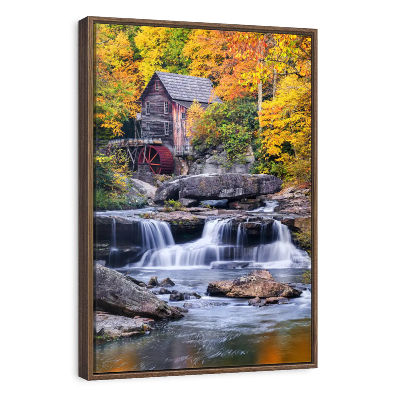 Glade Creek Mill à l'automne, 25 po x 37 po, Cadre flottant noyer