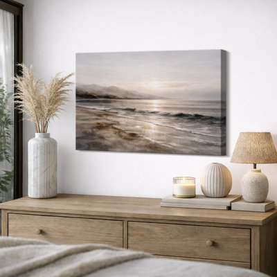 Soft Neutral Seaside Sunset Artwork, Minimalist Coastal View Living Room Pictures, Framed Canvas Giclee Print Wall Art