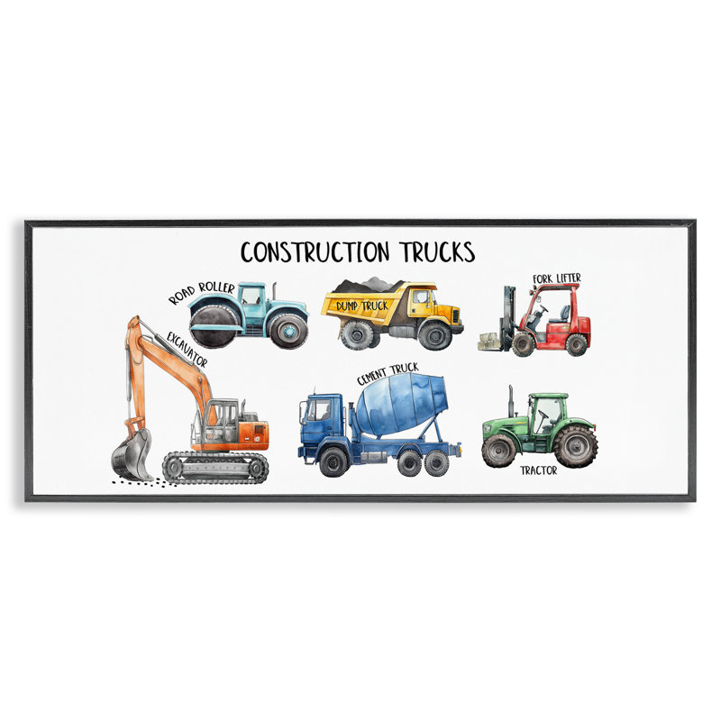 Camions de construction industrielle, estampe numérique, conception par Christine Simpson Art, H 13 po x l 30 po