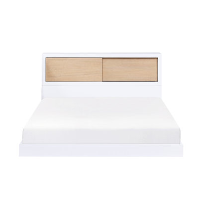 Lit double pour enfant avec tête de lit bibliothèque - Finition blanche, sans fondation, option de rangement pour porte coulissante peu encombrante