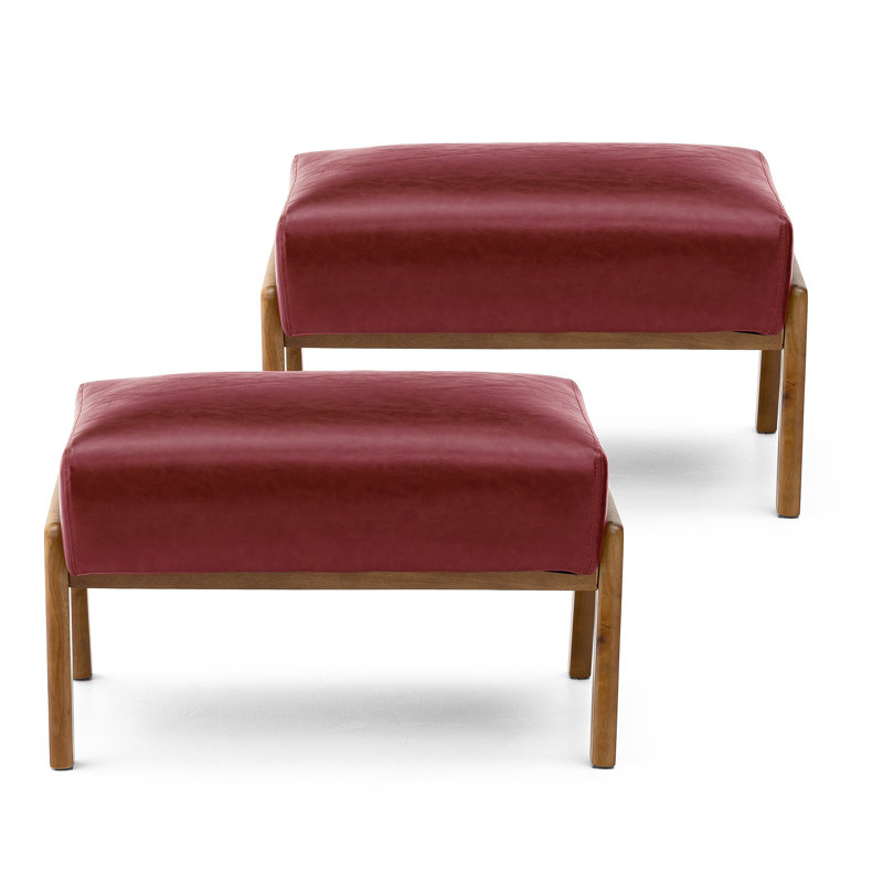 Ensemble de 2 tabourets d'appoint Mid-Century modernes en similicuir bourgogne avec pieds en bois d'hévéa noyer, Bourgogne
