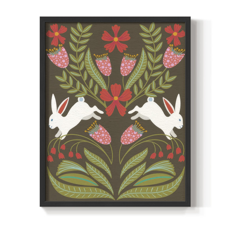 «Folk Flower And Rabbit I», H 11 po x l 9 po, Noir, noir, noir, noir