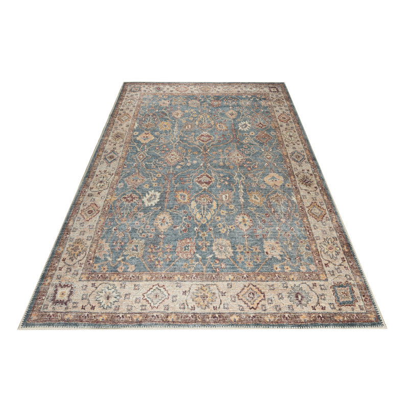 Oriental Machine Washable Area Rug in Blue/Cream, Rectangle 5'3" x 7'6"