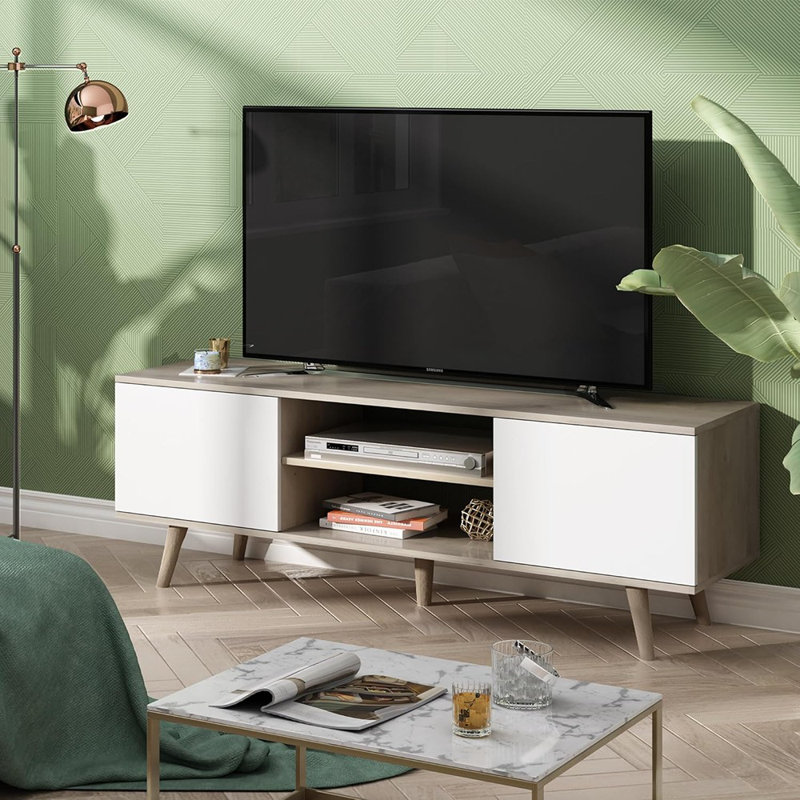 Meuble télé Boho pour téléviseur de 55 à 60 po, meuble audio-vidéo blanc avec armoires de rangement Greige, console de télévision moderne pour le salon