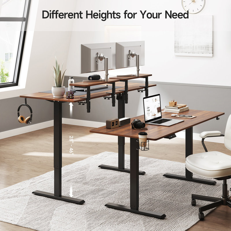 Height Adjustable Standing Desk With Monitor Stand and 2 Adjustable Monitor Shelves, 46" H x 63" W x 24" D, Walnut/Black